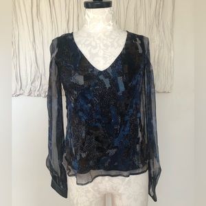 For Love & Lemons blue geometric silk top with sheer sleeves 💠